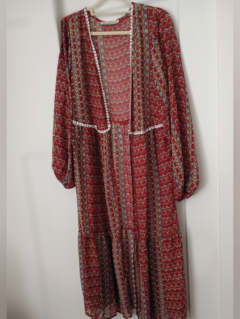 Bohemian Red Printed Long Dress with Lace Trim
